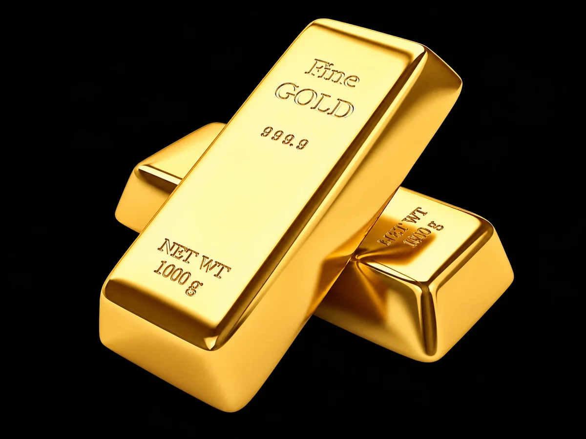 Two stacked fine gold bars, 999.9 purity, 1000g each