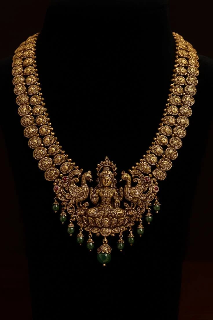 Antique temple-style gold necklace with a goddess and peacock motif pendant