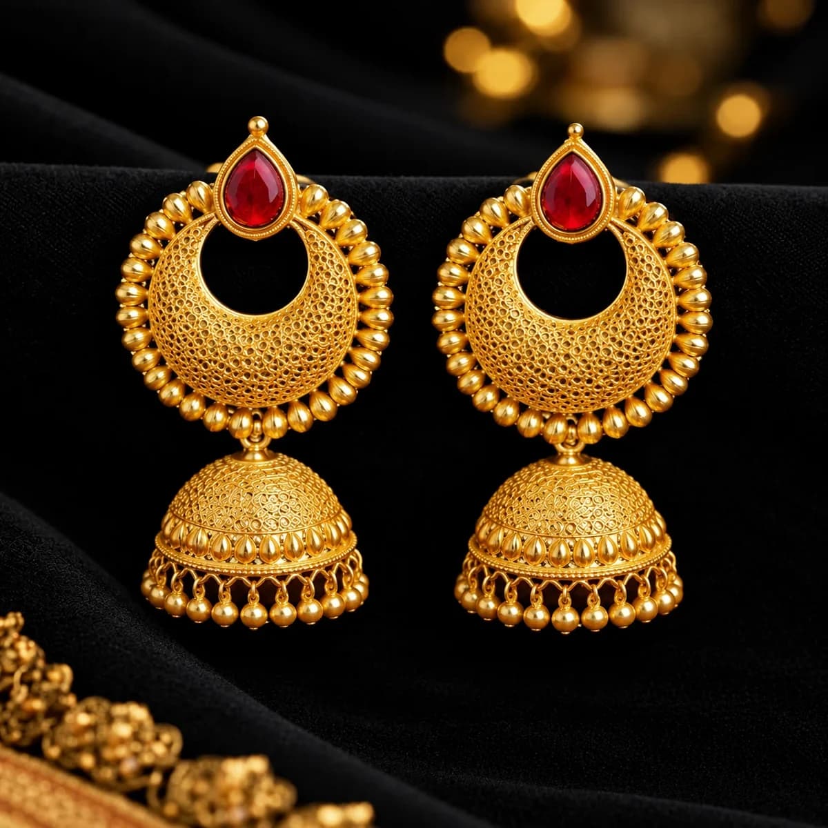 Pair of ornate gold jhumka earrings with ruby-red stone drops
