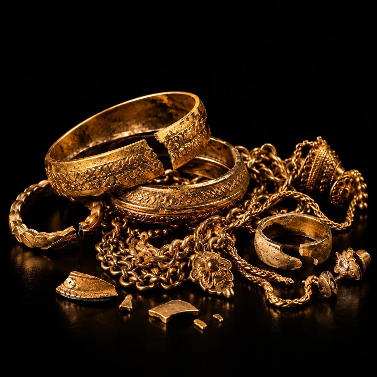 Broken gold bangles, tangled chains and a cracked ring collected for valuation