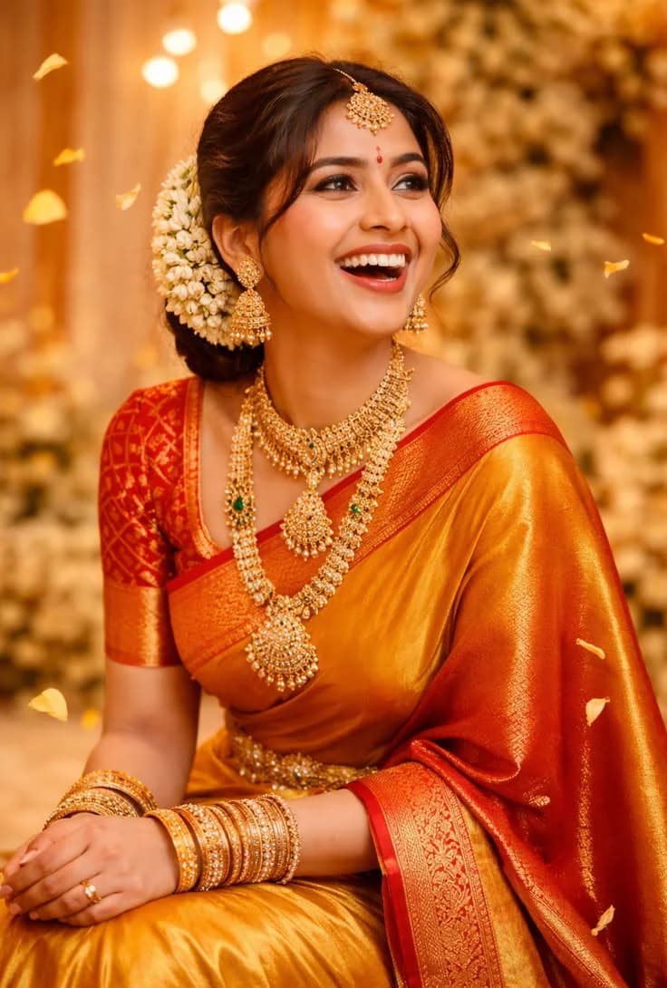 Bride laughing, wearing a layered gold temple-jewellery necklace and jhumka earrings