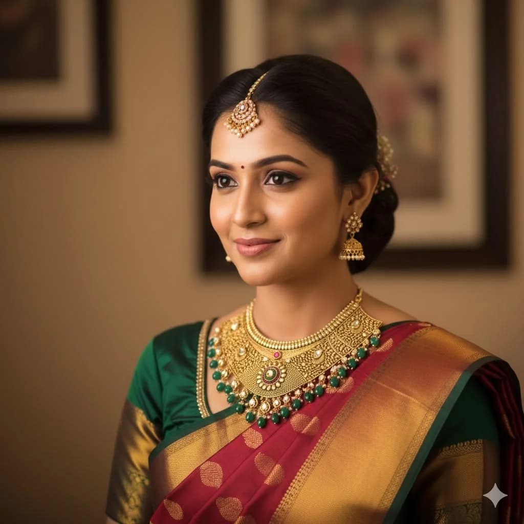 Bride wearing a gold necklace, maang tikka and jhumka earrings, smiling softly