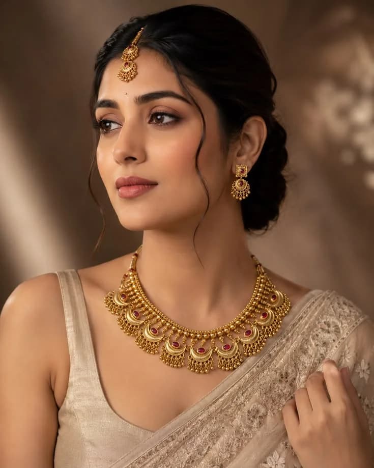 Woman wearing a gold necklace, earrings and maang tikka jewellery set