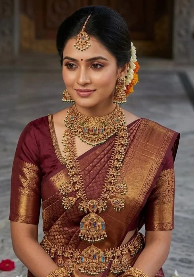 Bride wearing an elaborate temple-style gold necklace, jhumka earrings and maang tikka
